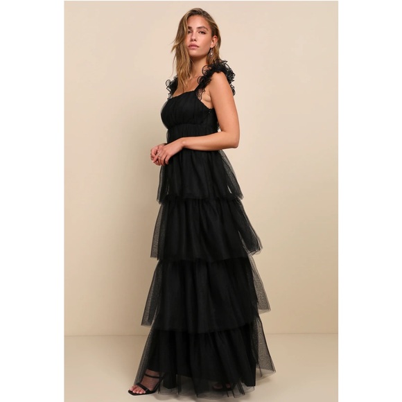 Lulus Tulle For Love Black Mesh Tulle Tiered Ruffled Maxi Dress NWT XXL - Picture 3 of 16